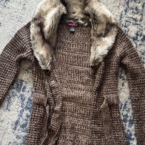 Brown Knit Cardigan with Faux Fur Collar